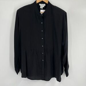 El La Design Pintuck Button Up Blouse Black Long Sleeve Silk Womens Large